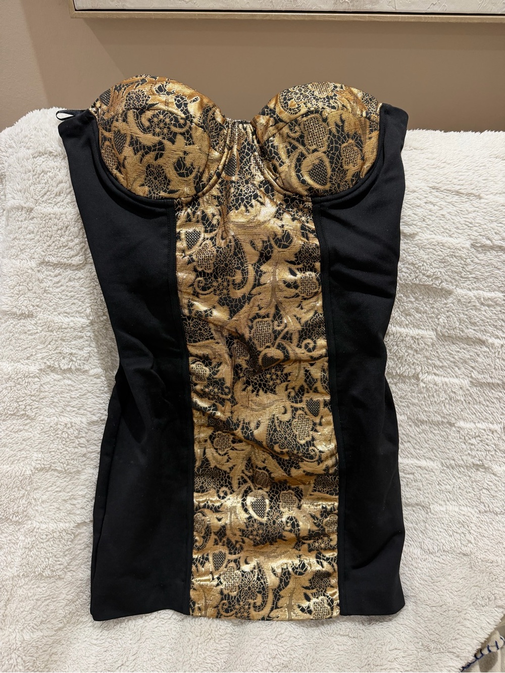 bebe Strapless Black Dress with Gold Brocade Center